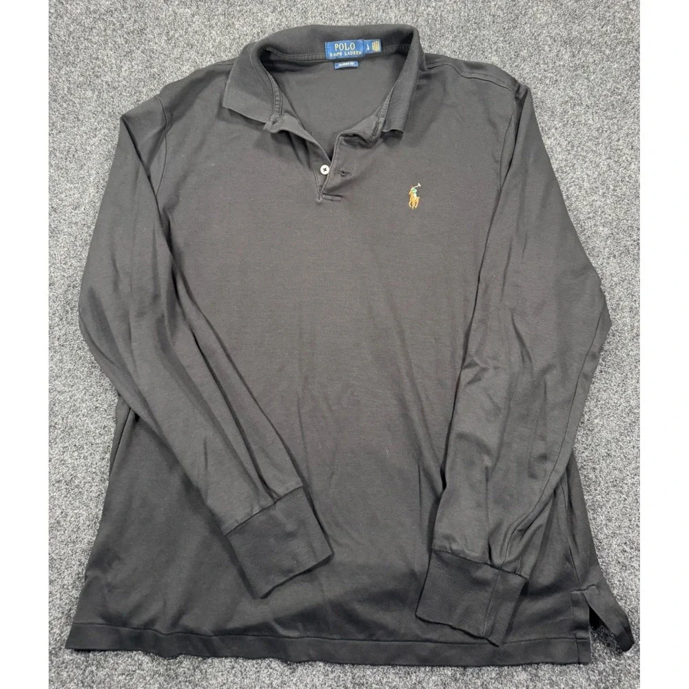 Polo Ralph Lauren Classic Fit Polo Shirt Black Long Sleeve Pony Mens L 22.5x27